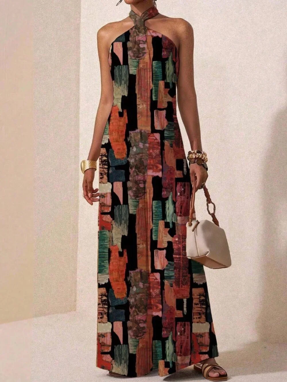 Multicolor Boho Women's Backless Knot Split Thigh Halter Loose Wide Leg Jumpsuit